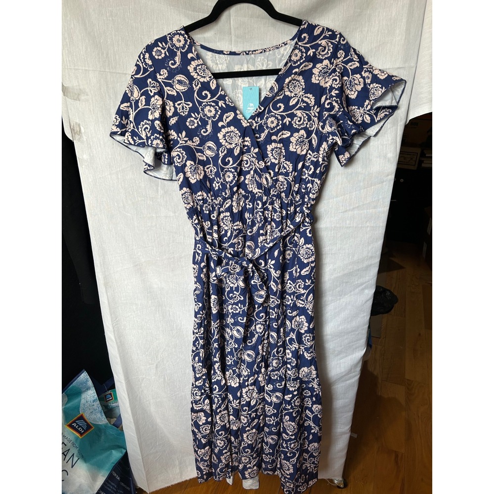 Cupshe Womens Navy Blue Floral V-Neck Flutter Sleeve Maxi Dress M